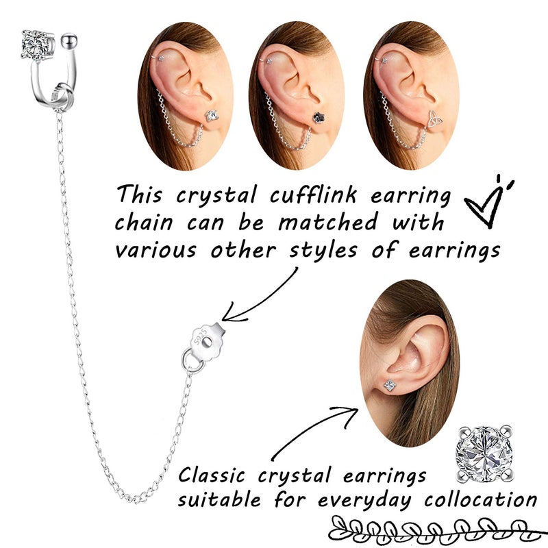 ELEDUCTMON Cubic Zirconia Crystal Ear Cuff Chain - Sterling Silver Hypoallergenic Rhinestones Drop Dangle Earrings - 2 in 1 Gifts for Women - Image 2